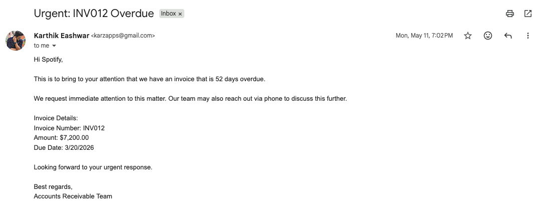 AI generated customer communication — reminder delivered via Gmail