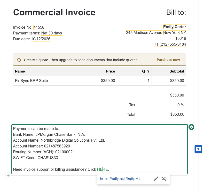 Commercial invoice with embedded escalation link